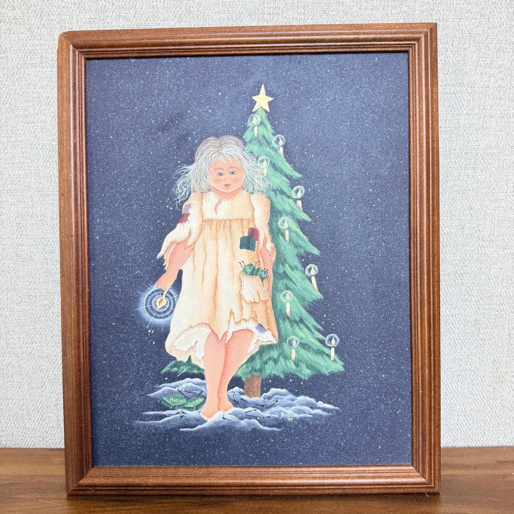 Vintage Little Match Girl Folk Art Painting Framed Canvas Winter Signed 1992